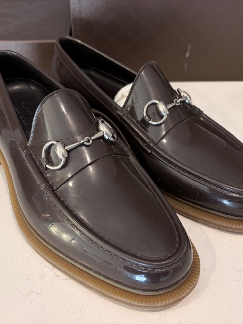 Gucci Men's Brown Horsebit Accent Rubber Loafers - Size 9